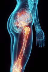 Thigh tendon injury, X - ray style, injury part with red luminous expression, the rest with blue expression,generative ai