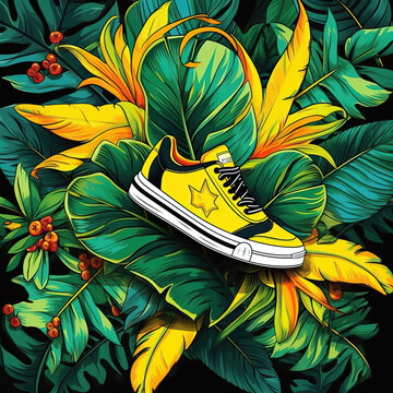 graffiti drawing of tropical leaves with yellow, in the style of hip hop aesthetics, allover composition, playful still lifes, bold-graphic, letras y figuras, editorial illustrations, jakub różalski