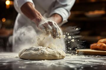 Skilled Chef Kneading Dough: Flour Flying in Warm, Well-Lit Kitchen Close-Up