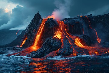 Volcanic lava erupts on the plateau - obrazy, fototapety, plakaty