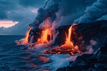 Volcanic lava erupts on the plateau - obrazy, fototapety, plakaty
