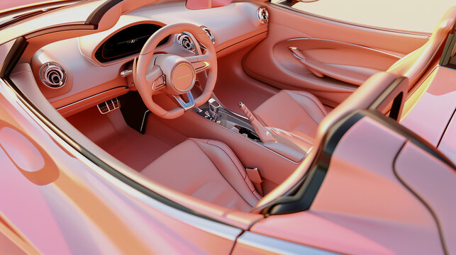 Luxury electric car pink interior. Steering wheel, shift lever and dashboard