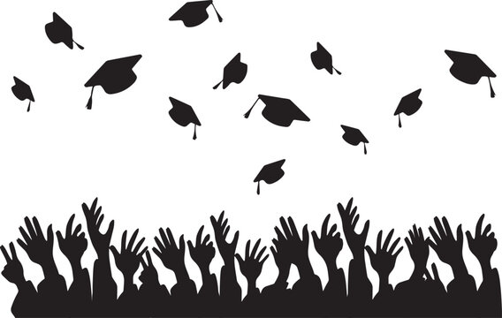 Raised hands with rain of graduation hats, graduation ceremony