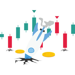 Bitcoin rocket could not reach the moon, Investing in the stock market and crypto currency, bull market, bear market, Vector illustration design concept in flat style

