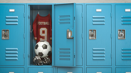 Soccer equipment football ball, t'shirt and bbots in a school locker room.
