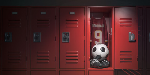 Soccer equipment football ball, t'shirt and bbots in a school locker room. - obrazy, fototapety, plakaty
