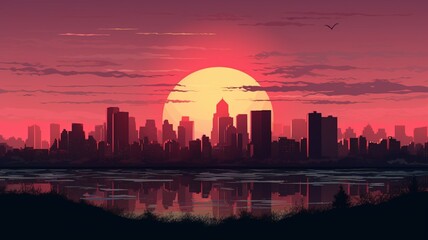 Amazing silhouette skyline sunset cityscape painting image Ai generated art