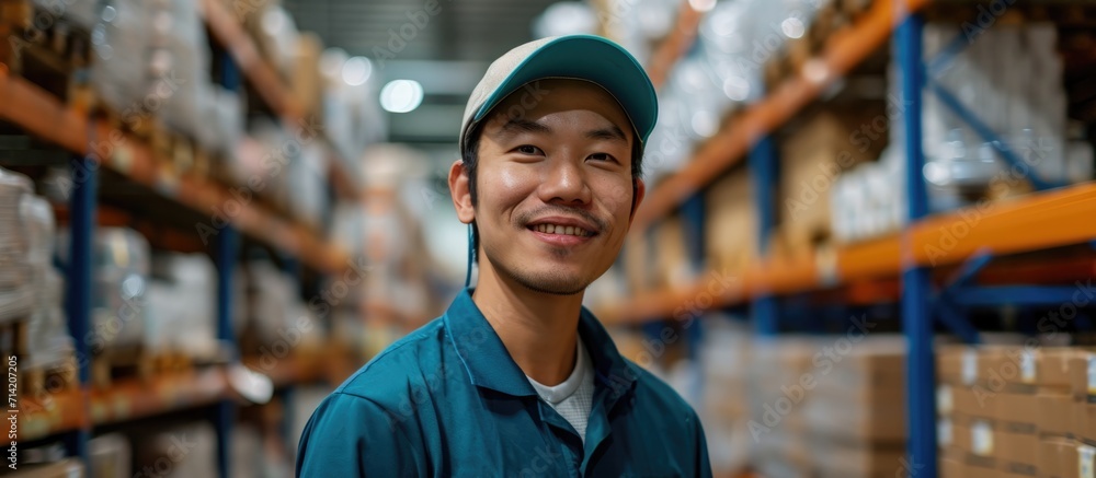 Poster asian male worker smiling while working in a distribution center, handling products in a logistic ce