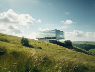 Fototapeta na wymiar Minimalist-inspired residential building made entirely of glass and steel, situated on a hilltop overlooking a vast green landscape