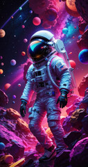 a man in a space suit standing on a rock with planets in the background