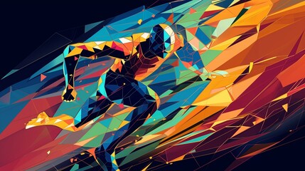 A running athlete in a polygonal style, sports cover design. Abstract background, Olympic Games concept, dynamic illustration of international sports competitions.