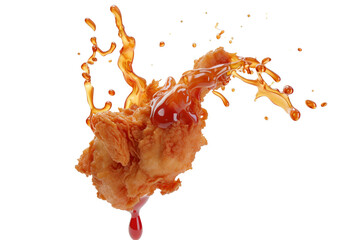 Fried Chicken piece coat with flour or batter that dipping with tomato or ketchup sauce isolated on transparent png background, yummy fast food, fried with perfect flavor ingredients.