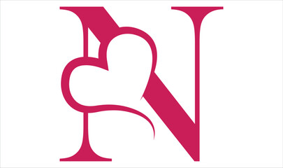 Vector Vintage floral monogram letter N. Calligraphy element heart logo Valentine card flourish frame. Hand drawn Love sign for page decoration and design illustration.