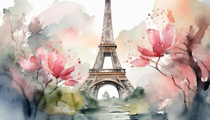 Pastelowa akwarela. Paryż. Francja. Tapeta, dekoracja. Generative AI - obrazy, fototapety, plakaty