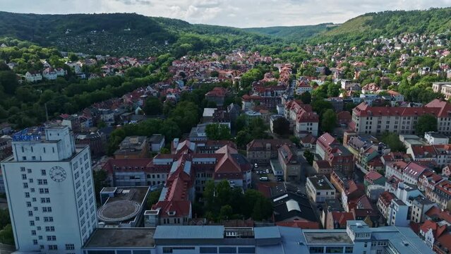 Aerial drone view of Jena-West , a district of Jena , Thuringia, Germany