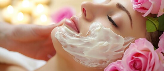 Herbal cream moisturizes face during female facial spa treatment.