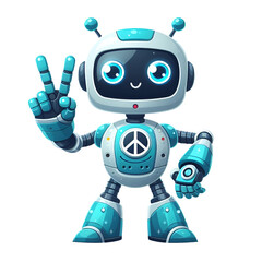 Friendly robot design giving peace sign on white background