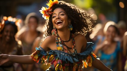 Beautiful girl dancing in colorful flower with her fellow dancers