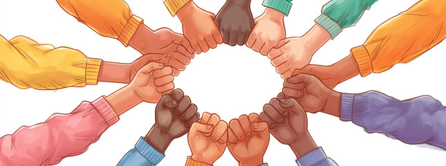 Group of people of various skin colors, stretching out their hands, putting their fists together to show their determination, resolution and commitment to their community, work, team, coalition symbol - obrazy, fototapety, plakaty