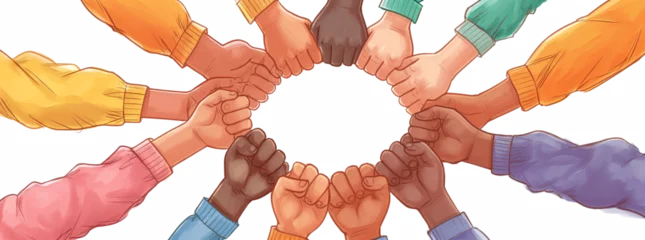 Foto op Plexiglas Group of people of various skin colors, stretching out their hands, putting their fists together to show their determination, resolution and commitment to their community, work, team, coalition symbol © Muriel