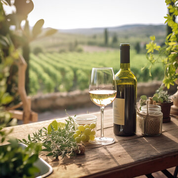 Vineyards in green land with clear blue sky and a glass of wine