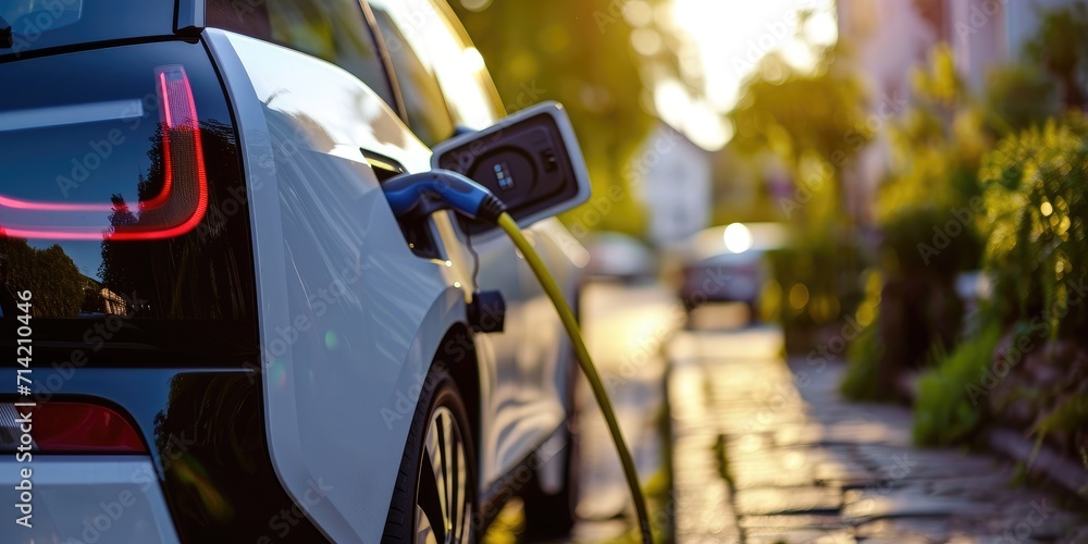 Sticker close-up of an electric car charging. ecology transportation concept