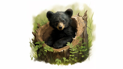 black bear cub in a hollowed out tree trunk, grassy field, digital art