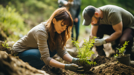 A group of people planting tree to reforestation the forest