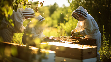 Beekeepers with bee suits check out hives in a field - obrazy, fototapety, plakaty