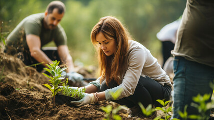 Conservationists woman in planting trees in the field with other people