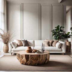 Interior of living room with beige walls, round wooden coffee table, white sofa and plant.