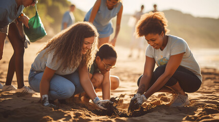 Young girls are cleaning garbage on beach during youth day