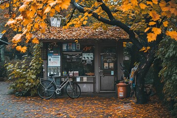 Cozy village post office during autumn, fallen leaves, a bicycle parked outside, locals chatting, warm colors, Generative Ai 