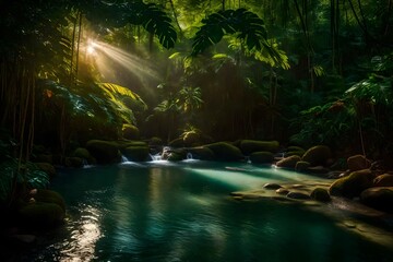 A thin stream of water in the jungle, winding through a mystical grove of ancient trees and ferns