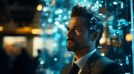 A businessman with a computer and network interface in his face