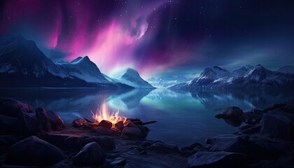 Naklejka premium View of night sky with multicolored aurora borealis and snowy mountains peak background. Night glows in vibrant aurora reflection on the lake with forest. 