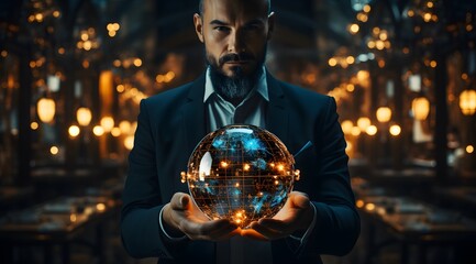 Businessman holding a virtual globe with digital technologies on screen
