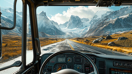 Beautiful landscape view with snow capped mountains from the cab of a truck on a long wet two-lane road. Road transportation concept. Ai generated - obrazy, fototapety, plakaty