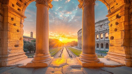 Fototapeta premium Landscape Scene of Colosseum at the sunset time, view from inside decorate home apartment, window and balcony view, holiday and tourist concept ,generative ai