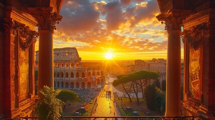 Landscape Scene of Colosseum at the sunset time, view from inside decorate home apartment, window and balcony view, holiday and tourist concept ,generative ai - obrazy, fototapety, plakaty