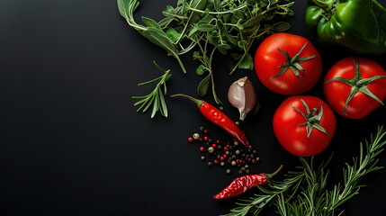 minimalistic background with herbs and vegetables, with plain black copy space, top view