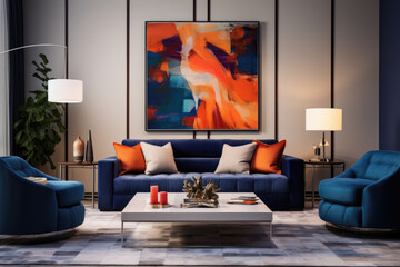 Painting wall modern minimal living room interior design indigo hot colors