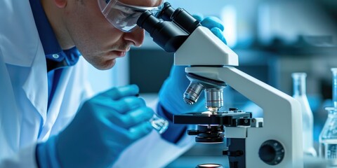 Scientist or doctor looking chemical sample through microscope in hospital laboratory. Laboratory research concept, close up shot