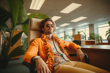Obraz premium Man in tropical attire enjoys a mental vacation in the workplace. Generative ai image.