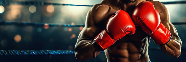 Boxer with red gloves ready to fight against blurred boxer ring background. - obrazy, fototapety, plakaty