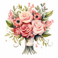 Fototapeta premium Love you forever watercolor valentine card with flower bouquet. 
