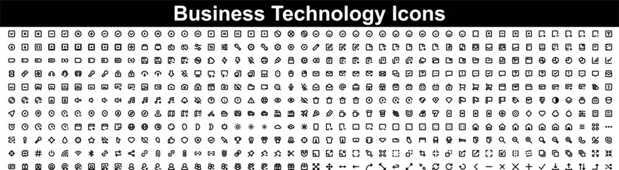 Technology icon set. Big UI icon. Containing factory, 5g, ai, robotics, cloud, automation, iot, communication, geolocation, programming and many more. Big icon set in a flat style
