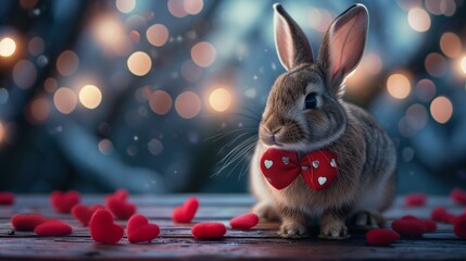 Bow-tie bunny for Valentine's Day sitting on a picnic table