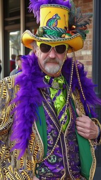 Decorated Mardi Gras mature man in green and purple outfit and sunglasses