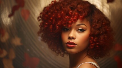 Fototapeta premium Photorealistic Teen Black Woman with Red Curly Hair retro Illustration. Portrait of a person in vintage 1920s aesthetics. Historic movie style Ai Generated Horizontal Illustration.